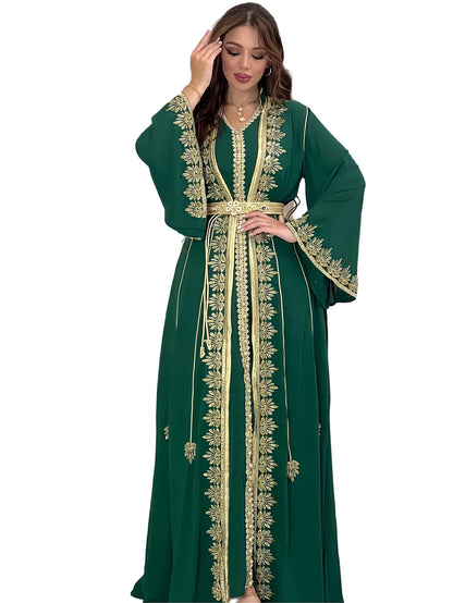 Eid muslimische Frauen Party Stickerei Kleider 2 Stück Set Jalabiya Ramadan Islam Vestidos arabische Robe Marokko Dubai Abayas Kaftan.