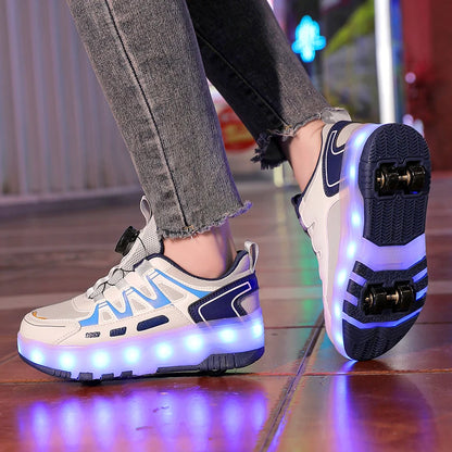 Children Four Wheels Luminous Glowing Sneakers Black Pink Led Light Roller Skate Shoes Kids Led Shoes Boys Girls USB Charging.