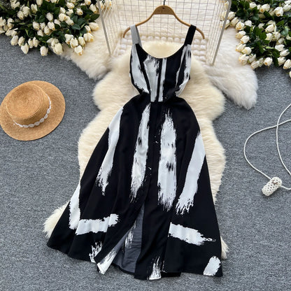 Neue Sommer Druck Süße Kleid Träger O Neck Backless Split Elegante Damen Urlaub Strand Party Midi Sommerkleid.