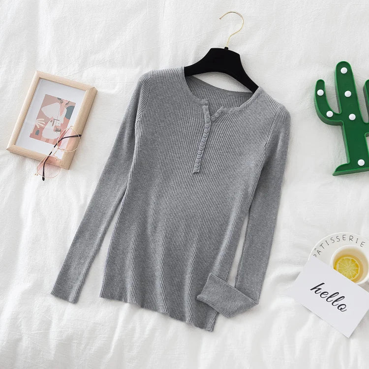 2026 weibliche Casual Tops Pullover Frauen Herbst Winter Gestrickte Dünne Pullover Feste Taste Volle Hülse V-ausschnitt Pullover