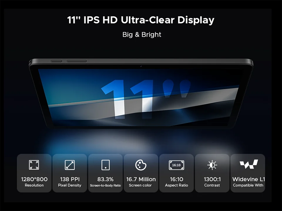 DOOGEE Tab A9+ 2 IN 1 Smart Tablet 11'' Screen Android 15 20GB RAM(4+16) 64GB ROM 8580mAh Battery Dual Speakers Widevine L1.