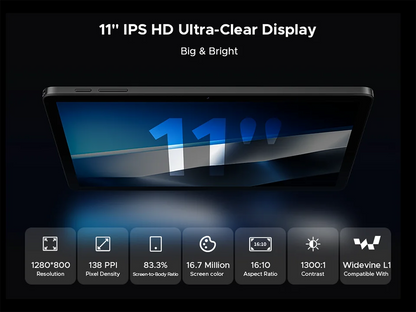 DOOGEE Tab A9+ 2 IN 1 Smart Tablet 11'' Screen Android 15 20GB RAM(4+16) 64GB ROM 8580mAh Battery Dual Speakers Widevine L1.