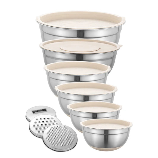 Stainless Steel Mixing Bowl Set with Lid Grinder Storage Multifunctional Kitchen Tool Set.
