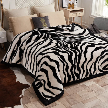 Nordic Style Zebra Print Coral Fleece Blanket Thickened Raschel Autumn Winter Blankets Double Layer Multi Purpose Plush Quilt