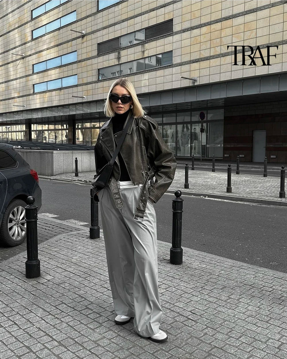 TRAF Damen Vintage lose Lederjacke Gürtel Schulter Abzeichen Zip Revers Jacke Handsome Washed Leder Motorrad Kleidung