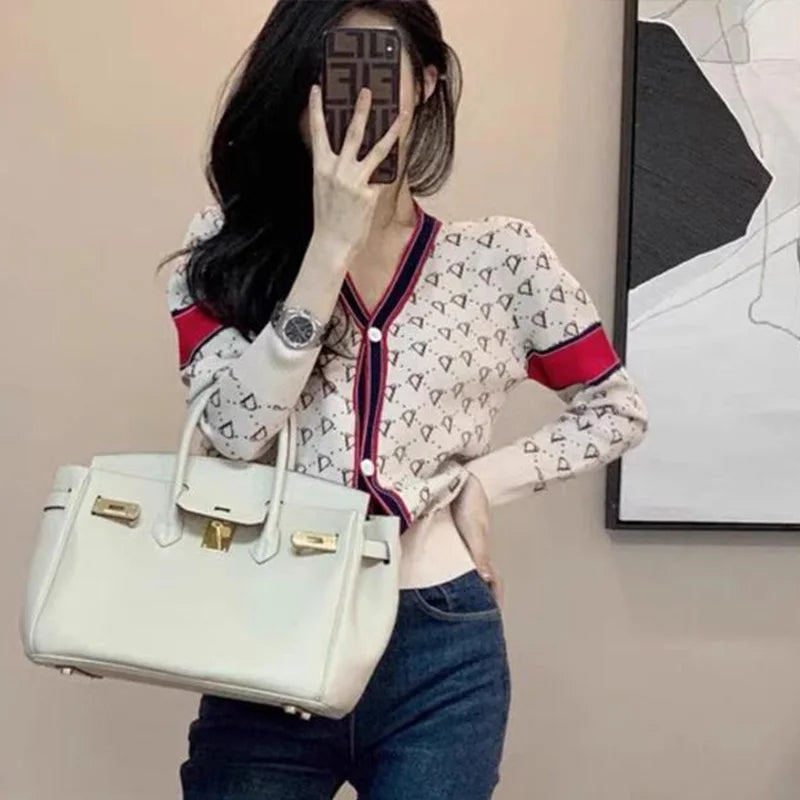 Women Knitwear Fashion Letter Jacquard Thin Cardigan Spring Slim Y2K V-neck Long Sleeve Tops Commute Vintage Sweaters.