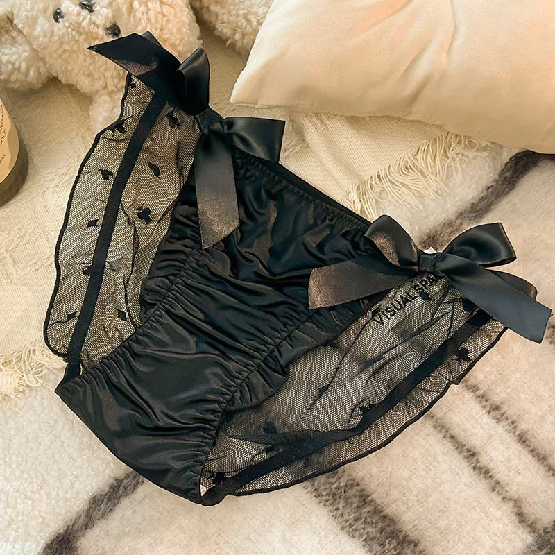 Women Sexy Satin Lace Mesh Transparent Bow Underwear Cute Lovely Sweety Princess Style Soft Panties Ruffles Breathable Breifs.