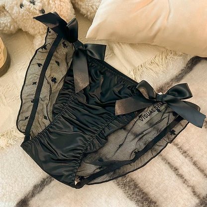Women Sexy Satin Lace Mesh Transparent Bow Underwear Cute Lovely Sweety Princess Style Soft Panties Ruffles Breathable Breifs.