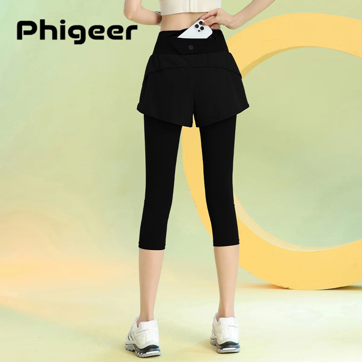 PHIGEER Women 2 in 1 Yoga Capri Pants Summer Lightweight Workout Tights With Pockets High Waist Running Gym Legging Activewears.
