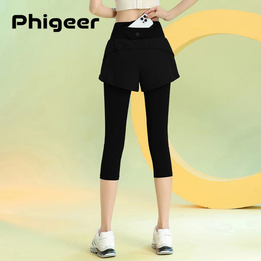 PHIGEER Women 2 in 1 Yoga Capri Pants Summer Lightweight Workout Tights With Pockets High Waist Running Gym Legging Activewears.