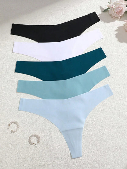 5Pcs Ice Silk Seamless Thongs Women's V-Waist Solid Color Panties Sexy Breathable Low Rise Underwear Invisible Bikini Lingerie.