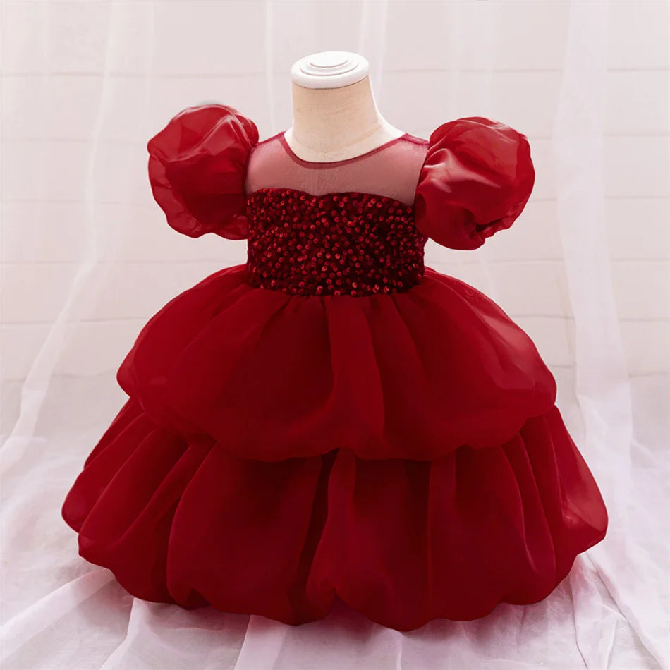 Kleinkind Rot Pailletten Mesh Kleid Mädchen Baby Einfarbig Neue Jahr Party Formale Kostüm Leistung Prinzessin Kleid Geburtstag Kleidung