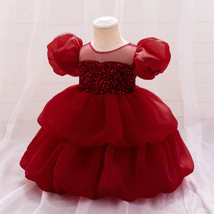 Kleinkind Rot Pailletten Mesh Kleid Mädchen Baby Einfarbig Neue Jahr Party Formale Kostüm Leistung Prinzessin Kleid Geburtstag Kleidung