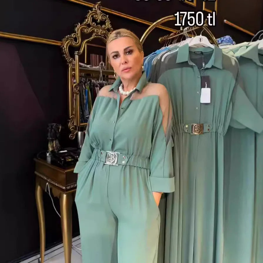 Jumpsuit Full Sleeve Turn Down Collar Office Lady Buttons The Waist Jumpsuits for Women 2024 One Piece Wide Leg Pants Rompers.