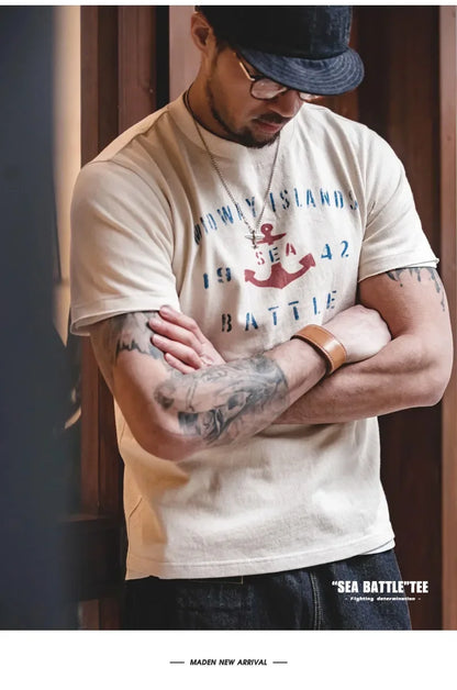 Maden Vintage Letter Print Cotton Short Sleeve T-Shirt Men's Summer Loose Fit Ribbed Crew Neck Tee Casual Street Tops for Daily