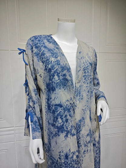 Ramadan Eid Tie Dye Butterfly Bow Muslim Modest Kimono Abaya Damen Dubai Luxury Islam Women Kebaya With Hijab Kaftan Robe Femme