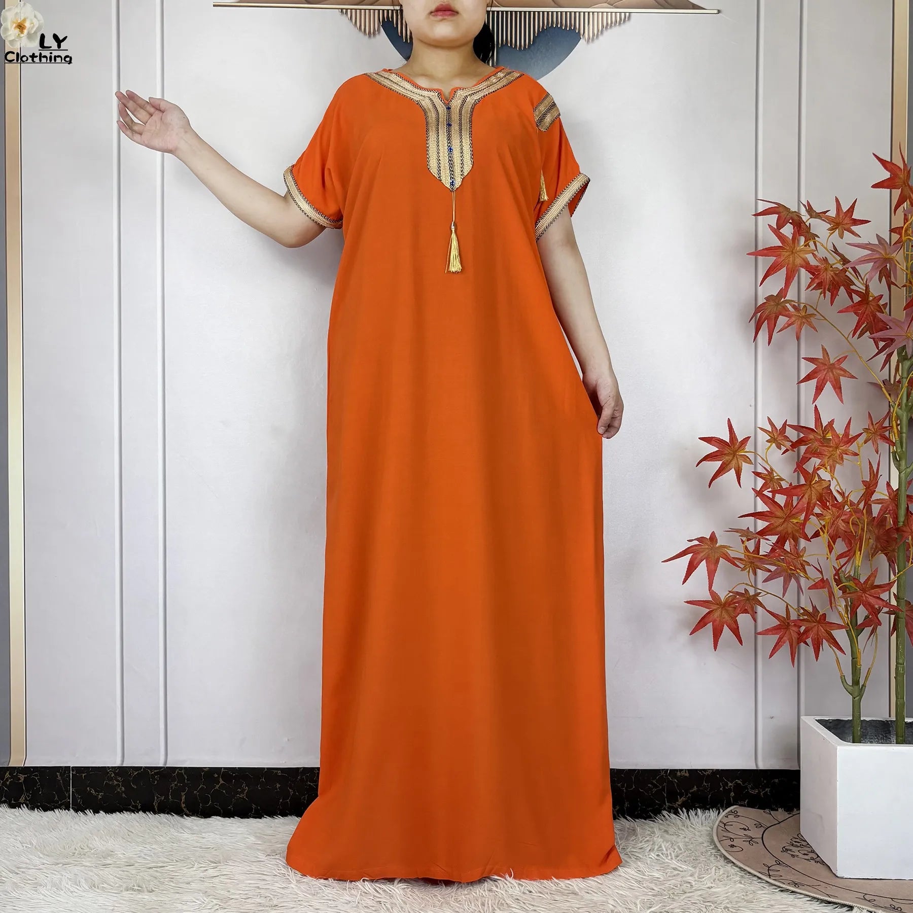 New Muslim Abayas Summer Short Sleeve African Dashiki Tassels Cotton Loose Caftan Lady Maxi Islam Casual Dresses With Headscarf.