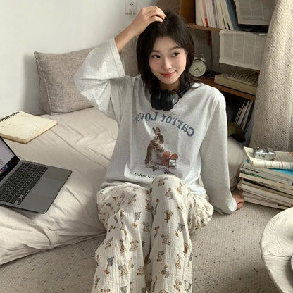 Spring and Autumn New Women's Cartoon Ins Style Pajamas Homewear Suit Girls Students Long-Sleeved Sweet Pajamas Loose Homewear.