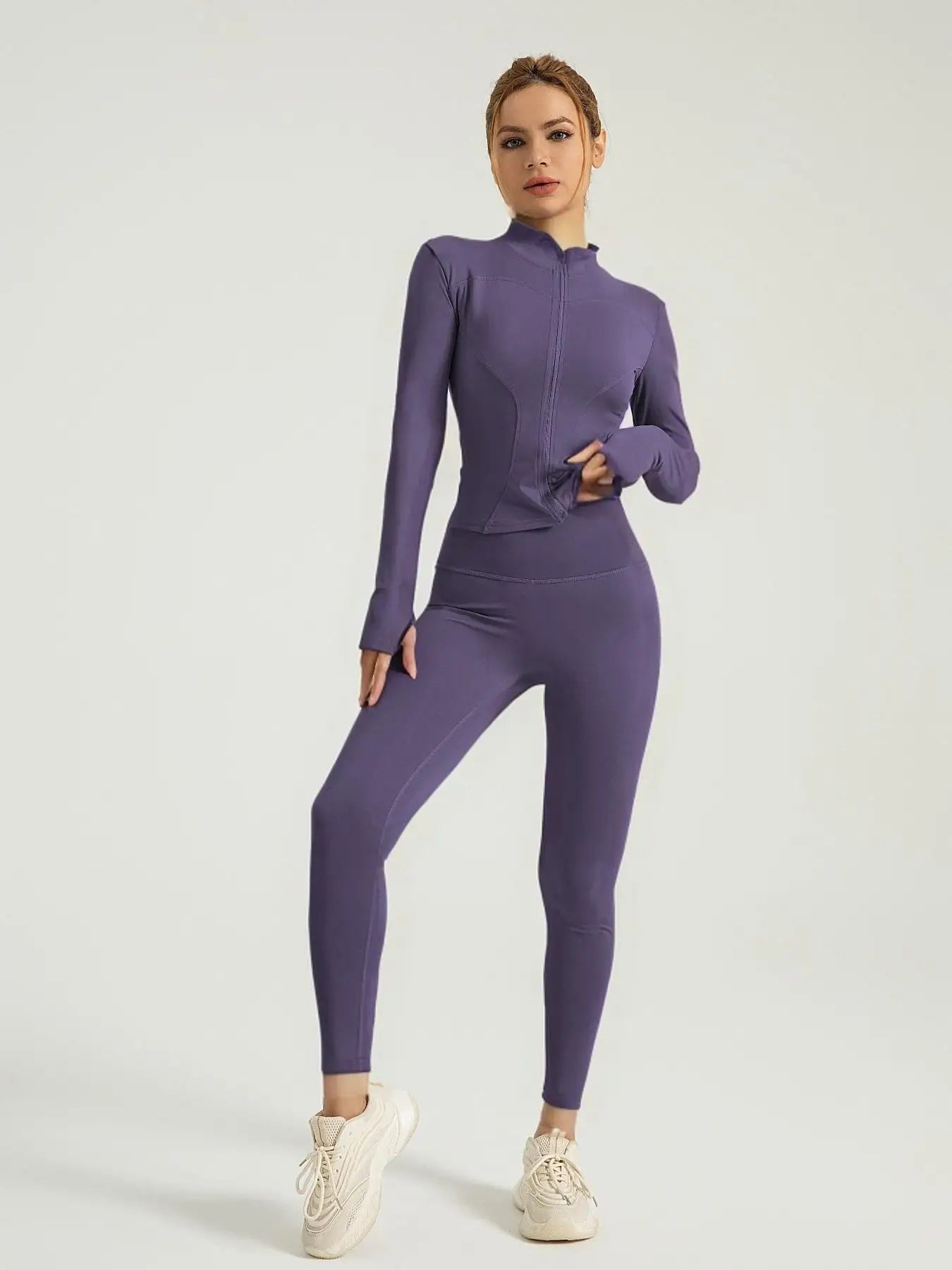 Fitfemme Two-piece Set Women's Solid Zip UpMock Neck Sports Jacket & HighWaist Leggings Set, SportyBreathable Quick Drying.