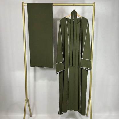 Three Piece Abaya Set With Hijab Free Belt Jazz Crepe Kimono Sleeveless Under Dress EID Ramadan Muslim Women Islamic Clothing.