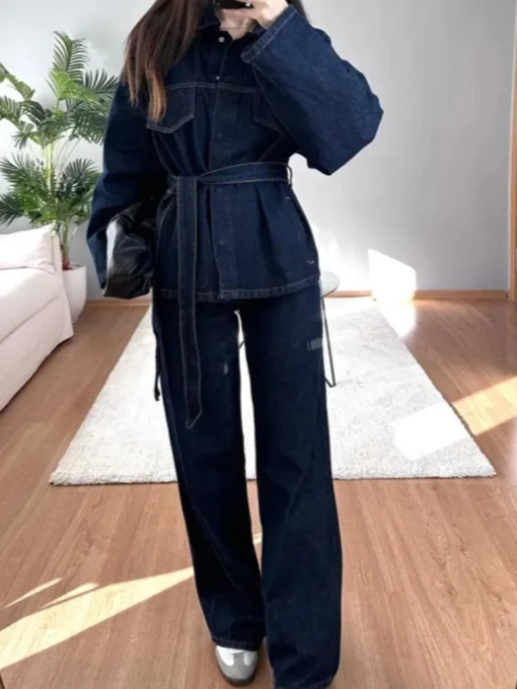 Retro Classic Denim Jacket Pants 2pcs Set Strap Coat Women Straight Leg Pants Autumn Stylish Women's Casual Suit