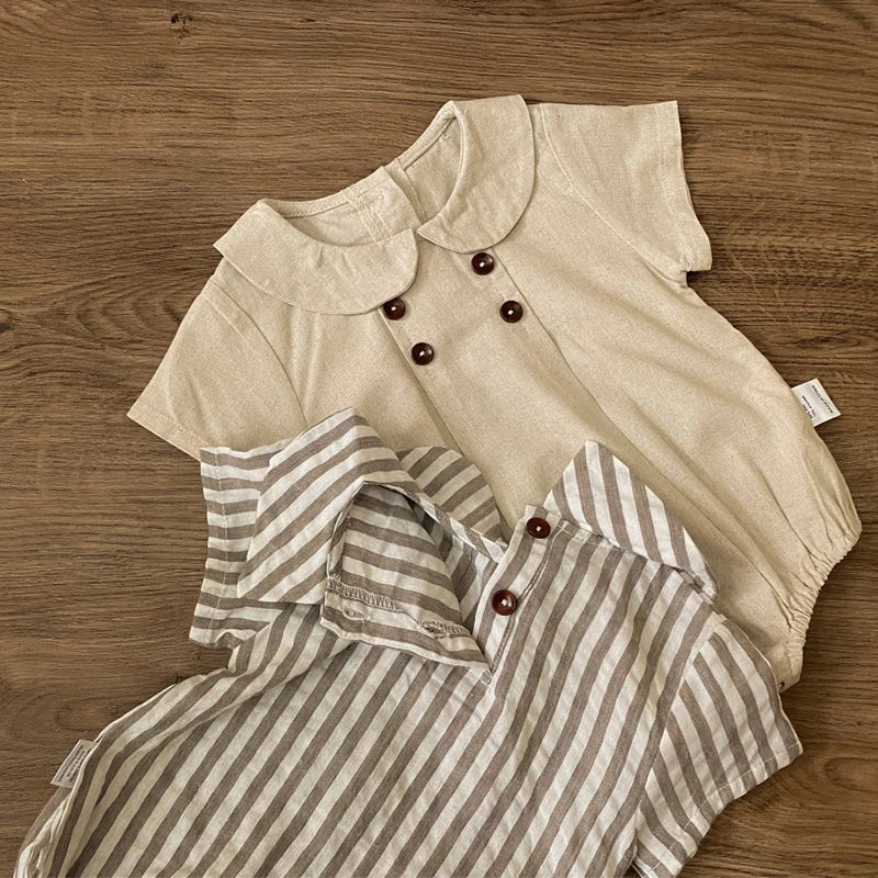 Sommer neue adrette Art Baby Body suits Hemd Kragen Mädchen Jungen Bodysuit atmungsaktive Leinen einteilige Baby kleidung.
