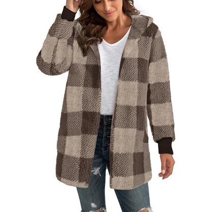 Frauen Herbst Winter Doppel Fleece Plaid Strickjacke Weiche Lose Lange Hülse Plüsch Warme Mit Kapuze Jacke Weibliche Patchwork Oberbekleidung Mantel