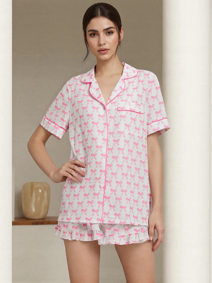 2-teiliges Lounge-Set für Damen, kurzärmelig, Revers, Schleife, Aufdruck, Knopfleiste, Tops, Shorts, Nachtwäsche-Sets.