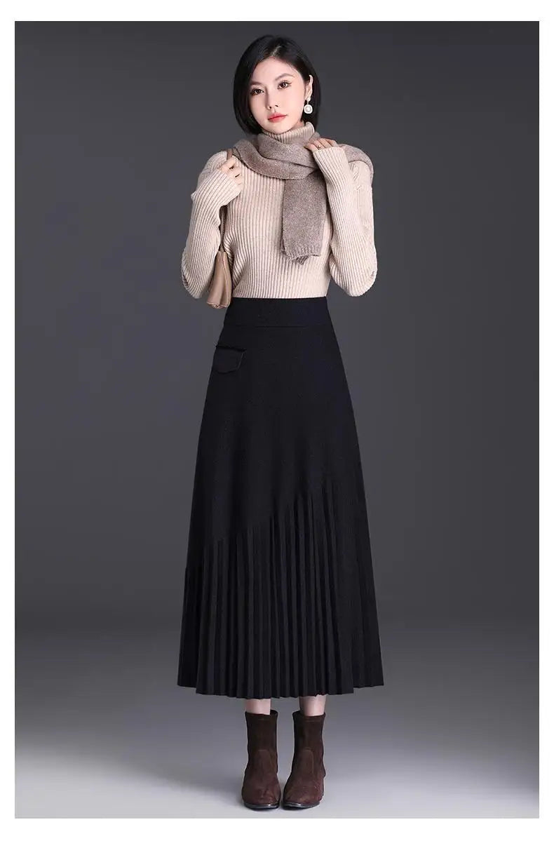 Temperament Autumn Winter New Skirts Women Solid High Waist Pleated Fashion Office Lady A-line Mid-length Knitting Pleated Skirt.
