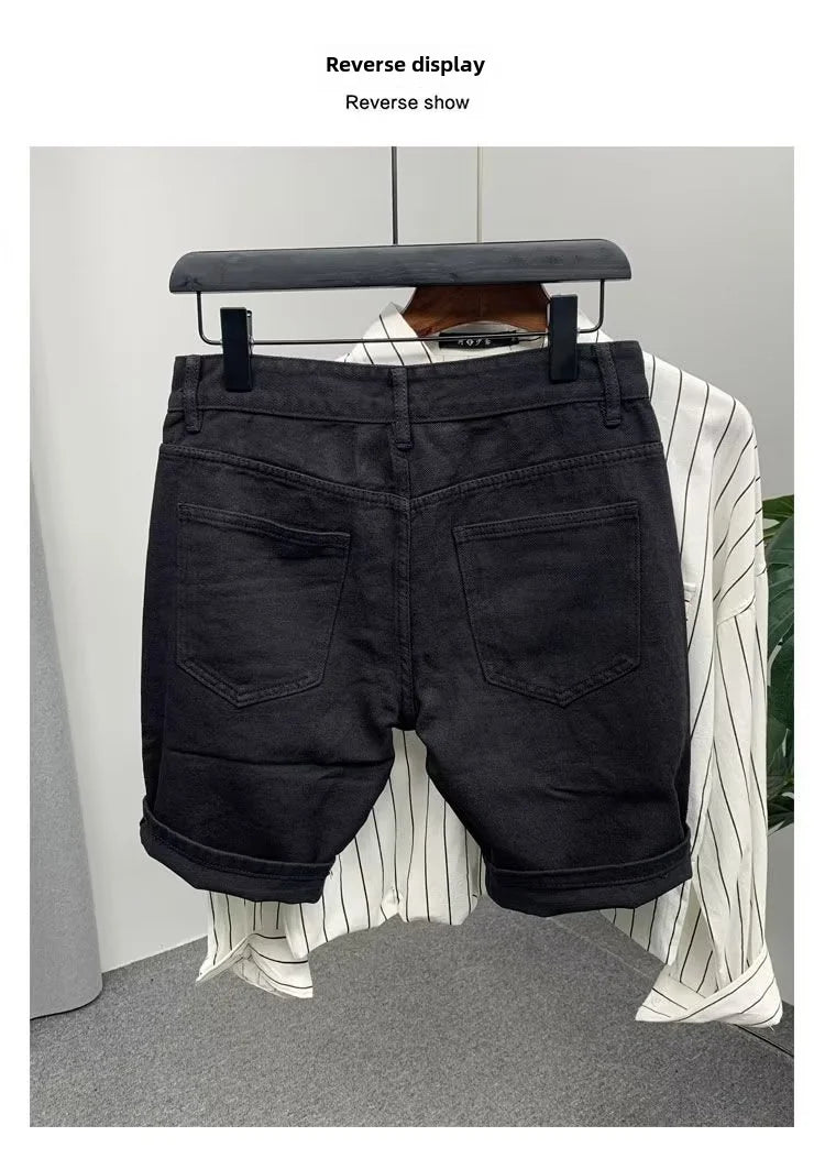 New Men's Denim Shorts Trendy Solid Color Ripped Slim Fit High Waist Elastic Waist Breathable Quick Dry Cotton Pants.
