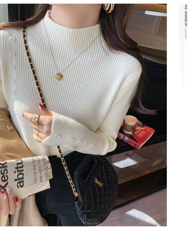 Langarm Beiläufige Dünne Pullover Mode Taste Grundlegende Gestrickte Tops Frauen Rollkragenpullover Koreanische Mode Einfache Chic Kleidung.