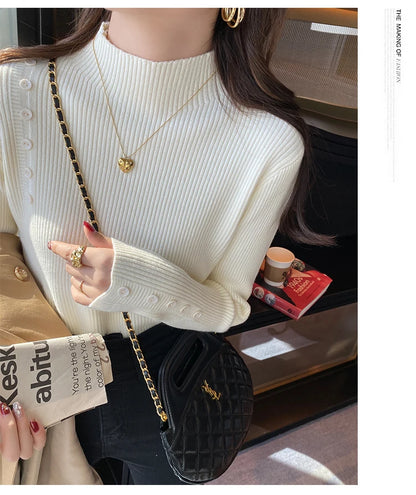 Langarm Beiläufige Dünne Pullover Mode Taste Grundlegende Gestrickte Tops Frauen Rollkragenpullover Koreanische Mode Einfache Chic Kleidung.