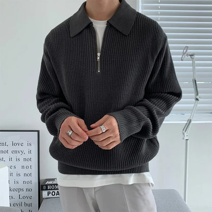 Half Zipper Sweater Men's Autumn and Winter Japanese Retro Korean Lapel Sweater Loose Casual Thread Trend