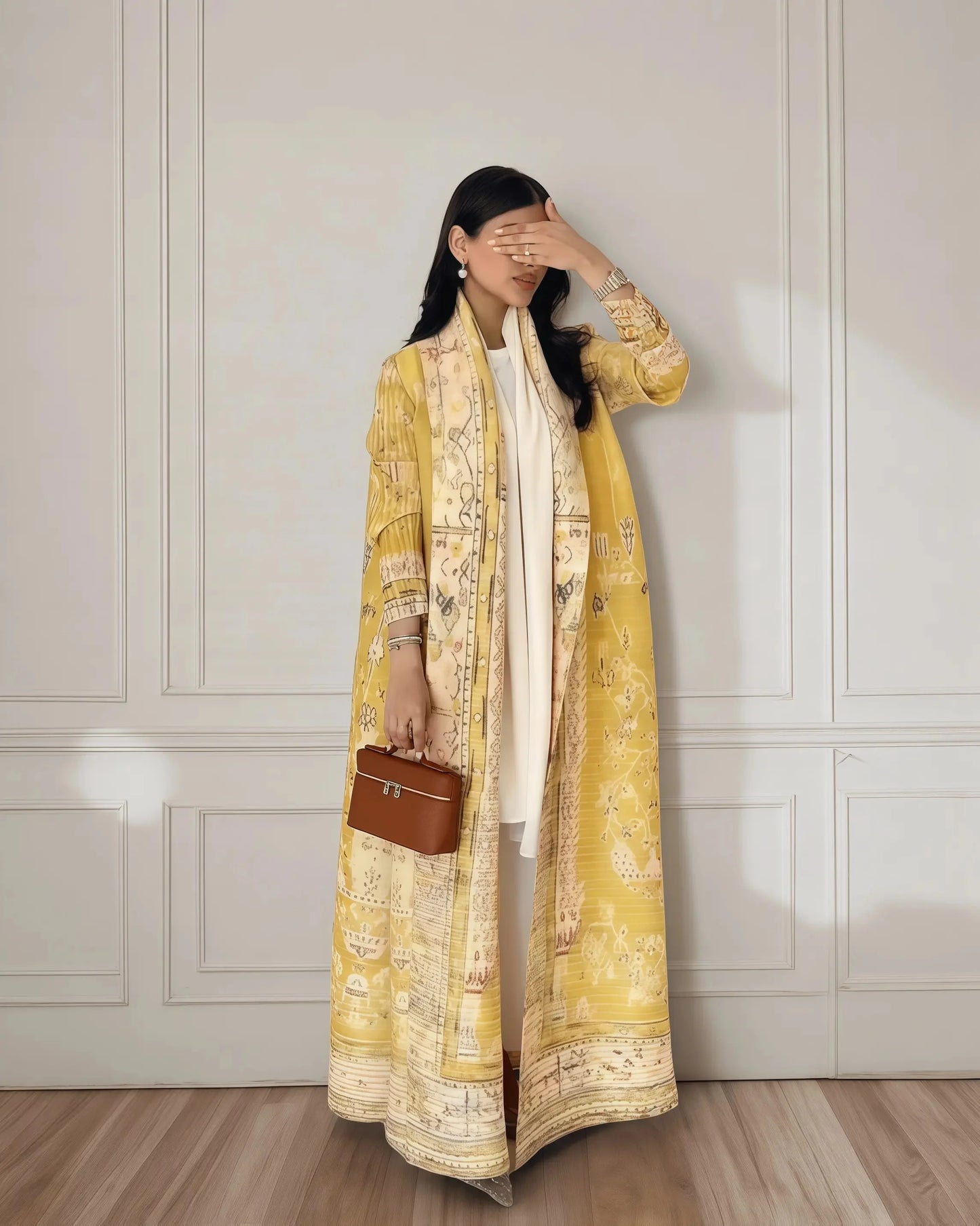 Langer Herbstmantel für Damen, Retro-bedruckt, langärmelig, muslimisches Abaya, Saudi-Mode, faltiger Taillengürtel