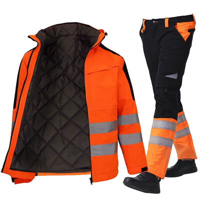 High Visibility Workwear Winter Clothes Hi Vis Suit Reflective Jacket Waterproof Winter and Pockets Reflective Work Pants Set