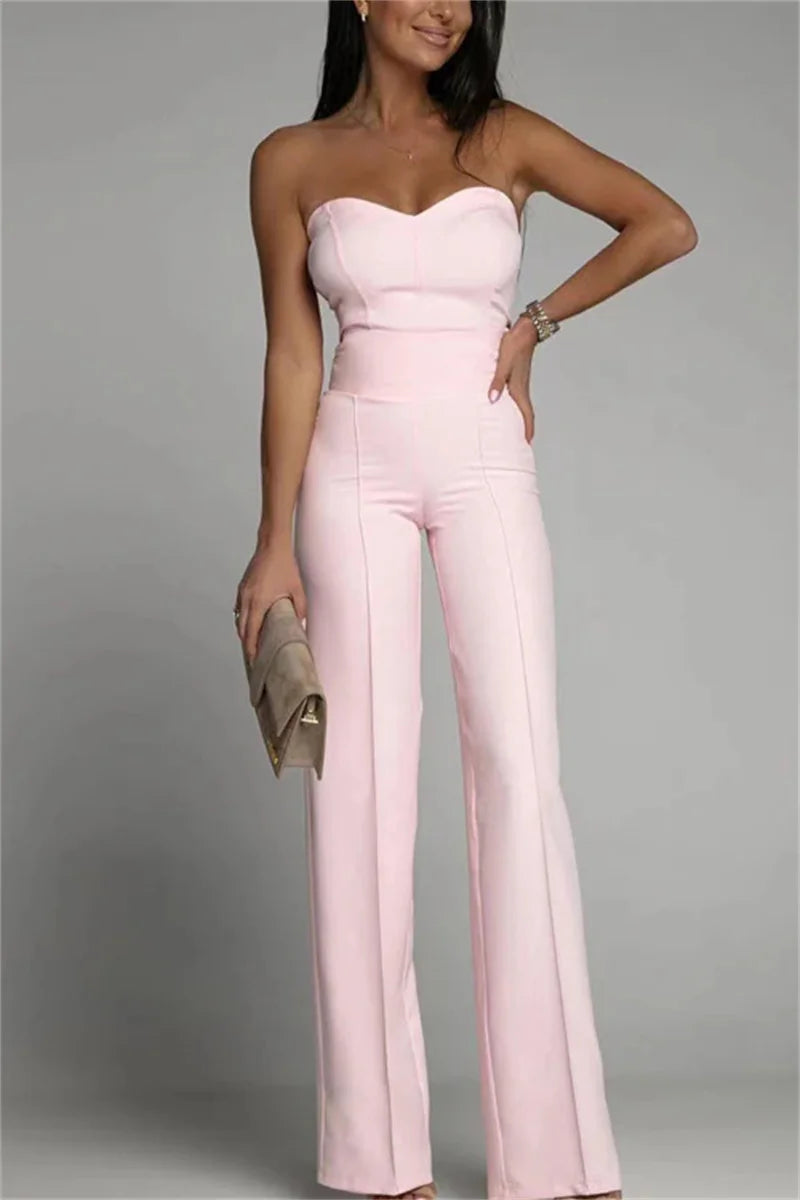 Elegant Straight-Leg Jumpsuit Women Spring Summer Solid Strapless Backless Slim Romper Office Lady One Piece Wide Leg Pant.