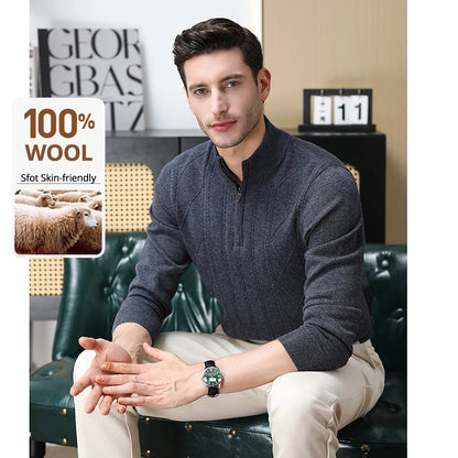 High End 100% Australia Wool Cashmere New Autum Winter Fashion Brand Casual Zip Up Men Pullover Knit Half Turtleneck Sweater.