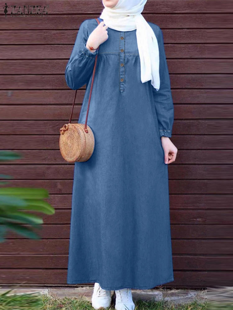 ZANZEA Women Vintage Muslim Abaya Dress 2024 Autumn Sundress Casual Long Sleeve Solid Maxi Long Vestidos Kaftan Islamic Clothing.