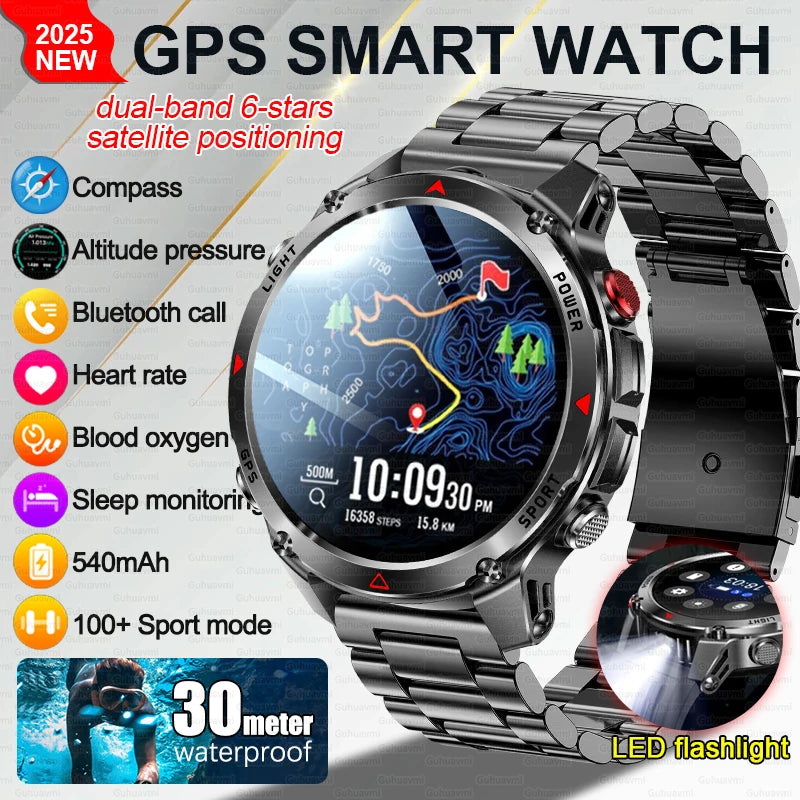 2025 New Outdoors Sports Military GPS Smart Watch 3ATM Waterproof Built-in Dual-Band GPS Compass Altimeter Swimming Smartwatches.