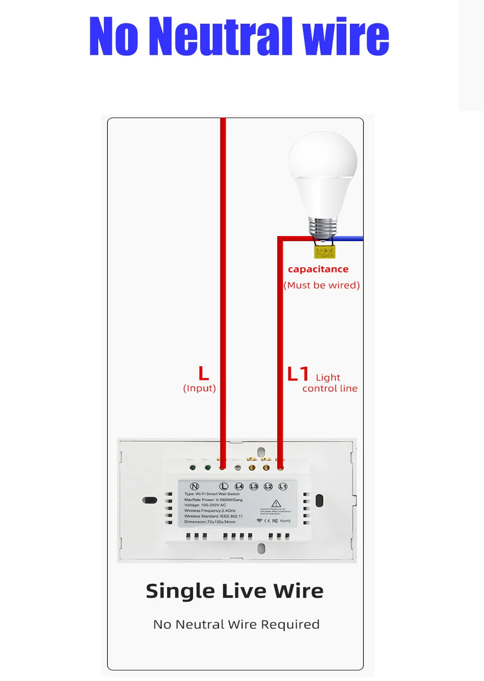 Tuya WiFi US Smart Lichtschalter Wand-Touch-Schalter Neutralleiter/Kein Neutralleiter erforderlich 120-Typ Funktioniert mit Alexa, Google Home.