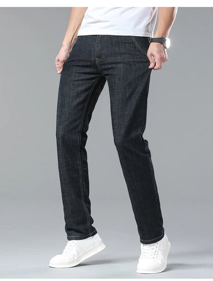 Men's Ice Silk Jeans Summer New Lyocell Thin Business Casual Denim Pants Classic All Match Slim Fit Straight Elastic Jean Male