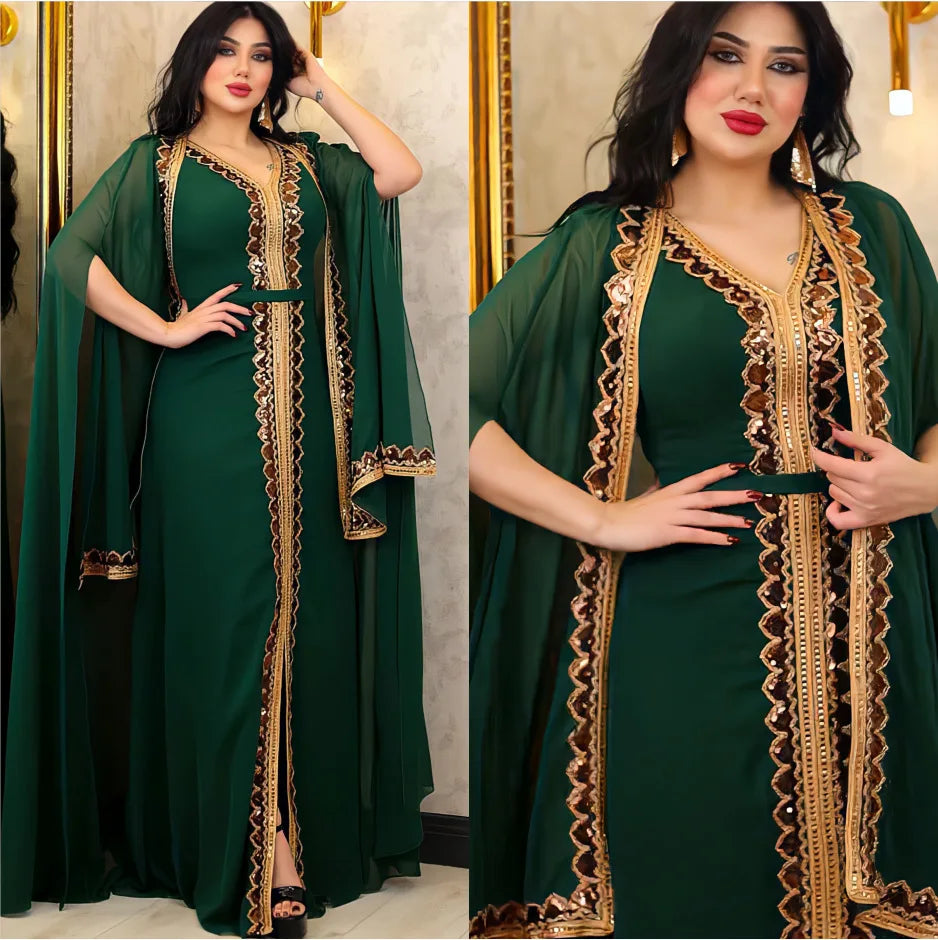 Elegant Muslim Abaya for Women Dress 2 Piece Set Chiffon Cloak Caftan Indian Party Dresses Sequins Kinono Robe Vestidos Abayas.