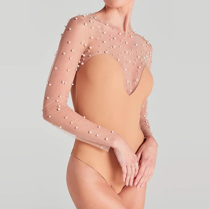 Sexy Bead Patchwork Slim Club Jumpsuit Spring Summer Casual Lady Slim One Piece Romper Fashion O Neck Long Sleeve Inner Playsuit.