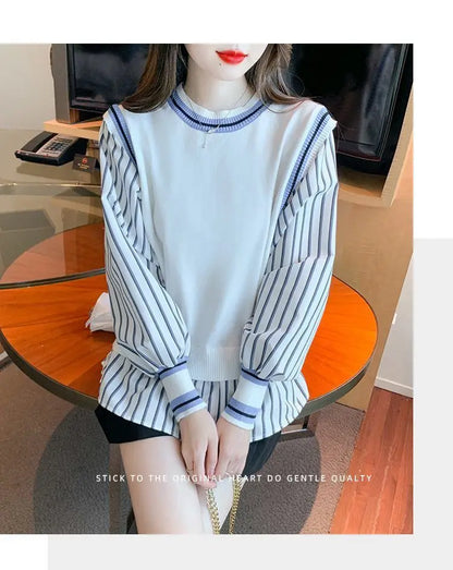 Autumn Preppy Style Patchwork O-neck Fake Two Pieces Top Tee Female Casual Striped Long Sleeve Sweatshirts Women Clothes Tshirt