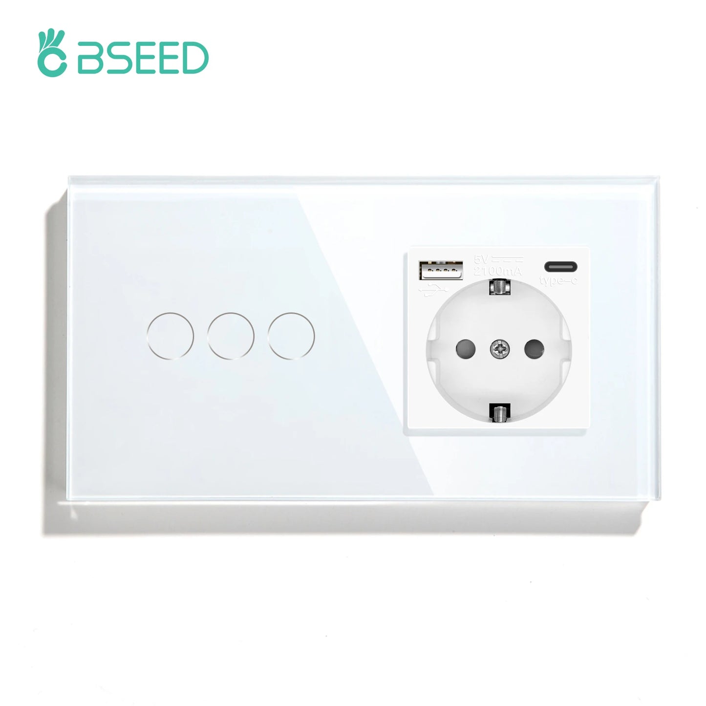 BSEED Touch-Lichtschalter, EU-Standard-Wandsteckdose mit USB Typ-C-Kristallglasscheibe, weiße Farbe, Netzstecker, 1/2/3 Gang-Schalter.