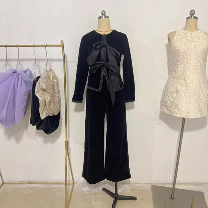 Muslim 2 Piece Set Women Cardigan Coat Wide Leg Pants Suit Bow Morocco Dubai Islam Casual Ensemble Femme Arabic Trousers Outfits.