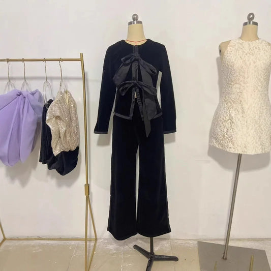 Muslim 2 Piece Set Women Cardigan Coat Wide Leg Pants Suit Bow Morocco Dubai Islam Casual Ensemble Femme Arabic Trousers Outfits.