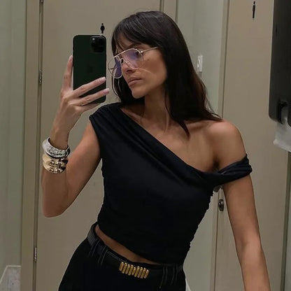 BOOFEENAA Asymmetrical One Shoulder Crop Tops Black Blue Sexy T Shirts for Woman Summer 2025 C95-BA13.