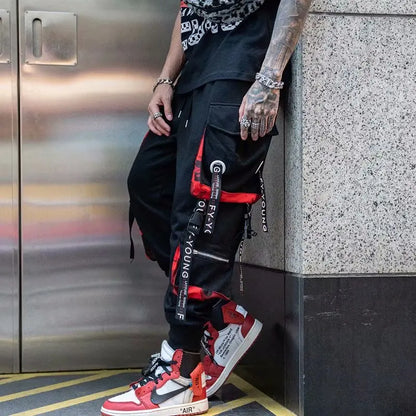 Men's Cargo Pants Casual Hip Hop Hit Color Multiple Pockets Trousers Streetwear Ribbons Techwear Sweatpants.