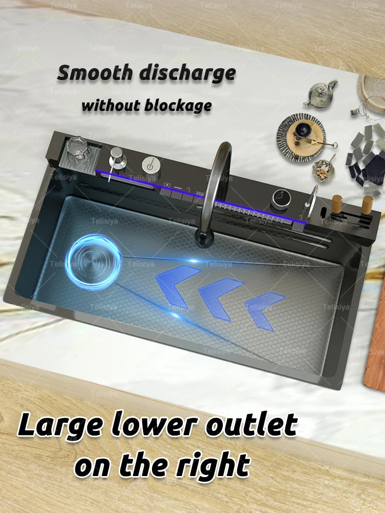 Küchenspüle aus Edelstahl mit Wasserfall, Einzelschüssel, Digitalanzeige, extra großer Schlitz, multifunktionale Waschbecken